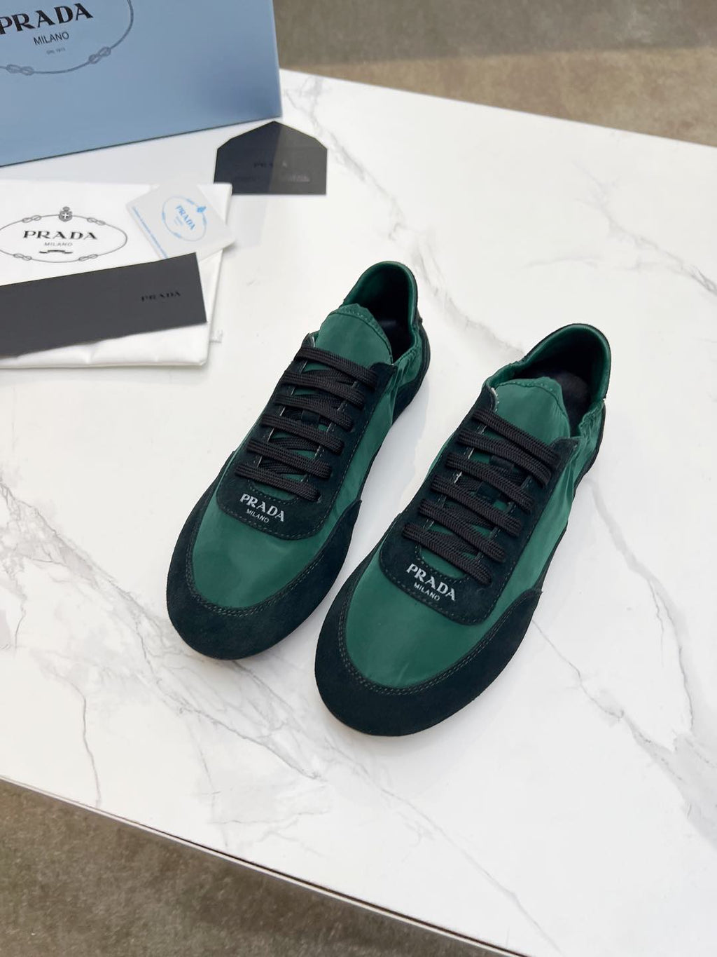 PRADA COLLAPSE SNEAKERS IN BLACK SUEDE AND FOREST GREEN NYLON