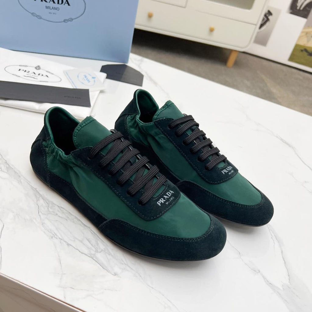 PRADA COLLAPSE SNEAKERS IN BLACK SUEDE AND FOREST GREEN NYLON