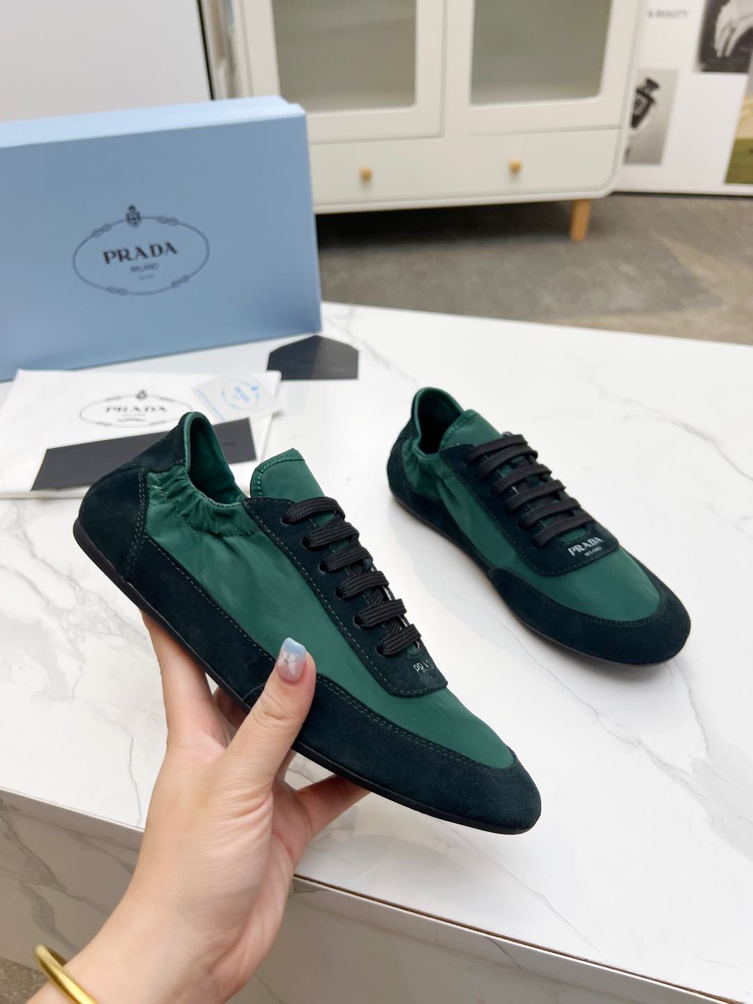 PRADA COLLAPSE SNEAKERS IN BLACK SUEDE AND FOREST GREEN NYLON