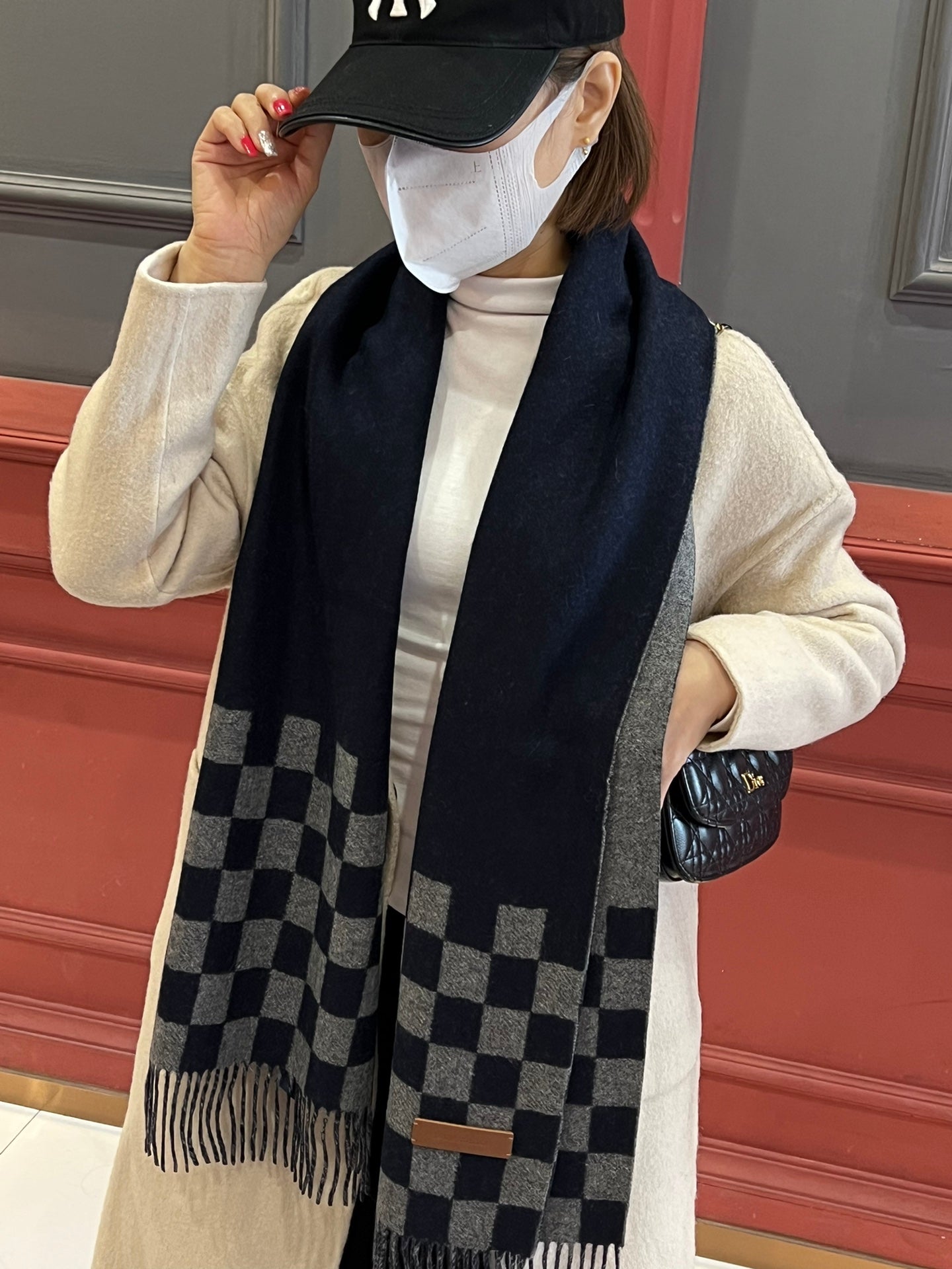 LOUIS VUITTON DAMIER SCARF 180 CM IN MIDNIGHT BLUE MIX GRAY CASHMERE 388316
