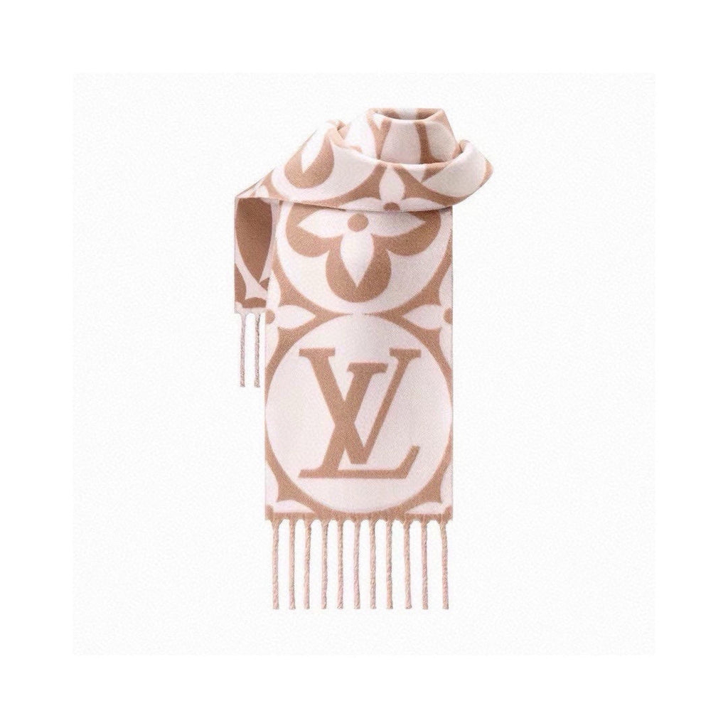 LOUIS VUITTON MEDALLION SCARF 235 CM IN PEANUT BROWN MIX WHITE WOOL 399899