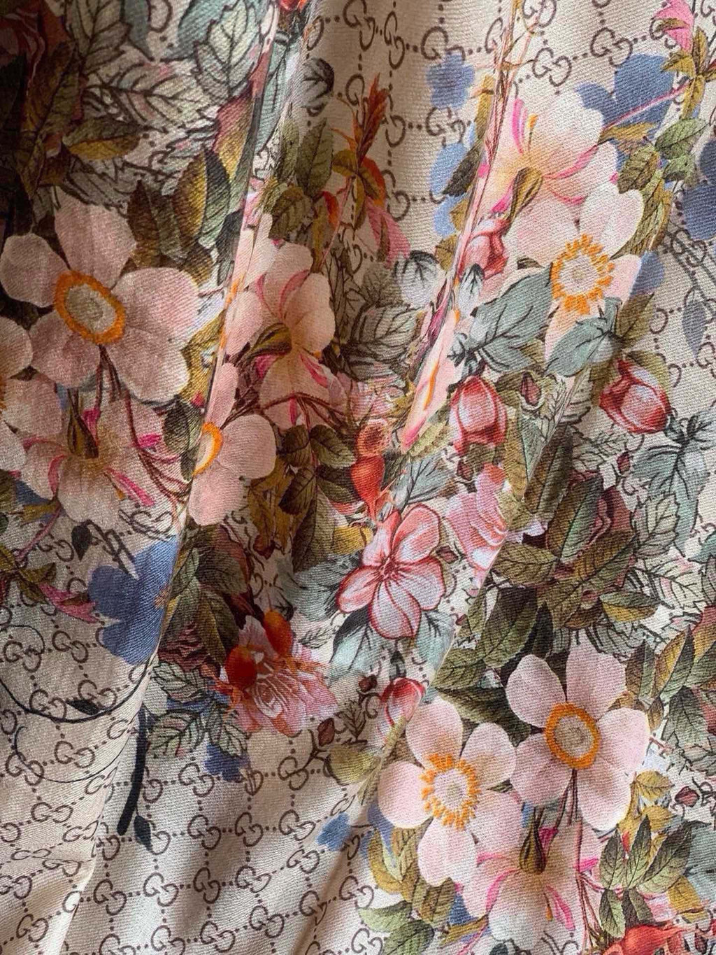 GUCCI SCARF 200 CM IN MEDIUM BROWN CASHMERE WITH COLORFUL FLOWER 405254