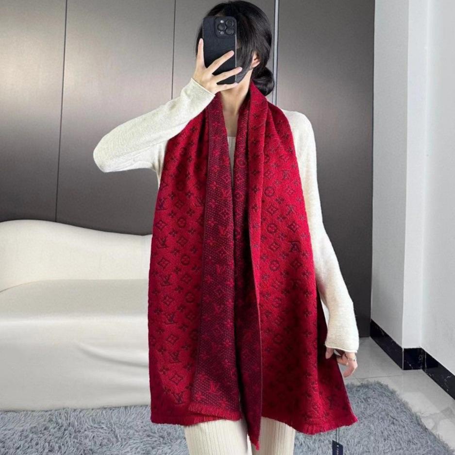 LOUIS VUITTON SCARF 180 CM IN HIBISCUS RED CLASSIC MONOGRAM CASHMERE 396438