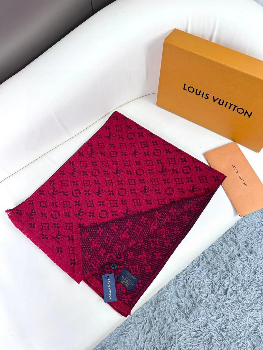 LOUIS VUITTON SCARF 180 CM IN HIBISCUS RED CLASSIC MONOGRAM CASHMERE 396438
