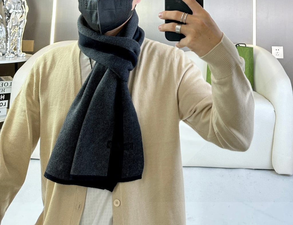 GUCCI SCARF 180 CM IN BLACK MIX DARK GRAY CASHMERE 398446