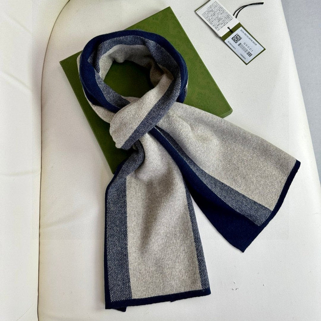 GUCCI SCARF 180 CM IN NAVY BLUE MIX BEIGE CASHMERE 398448