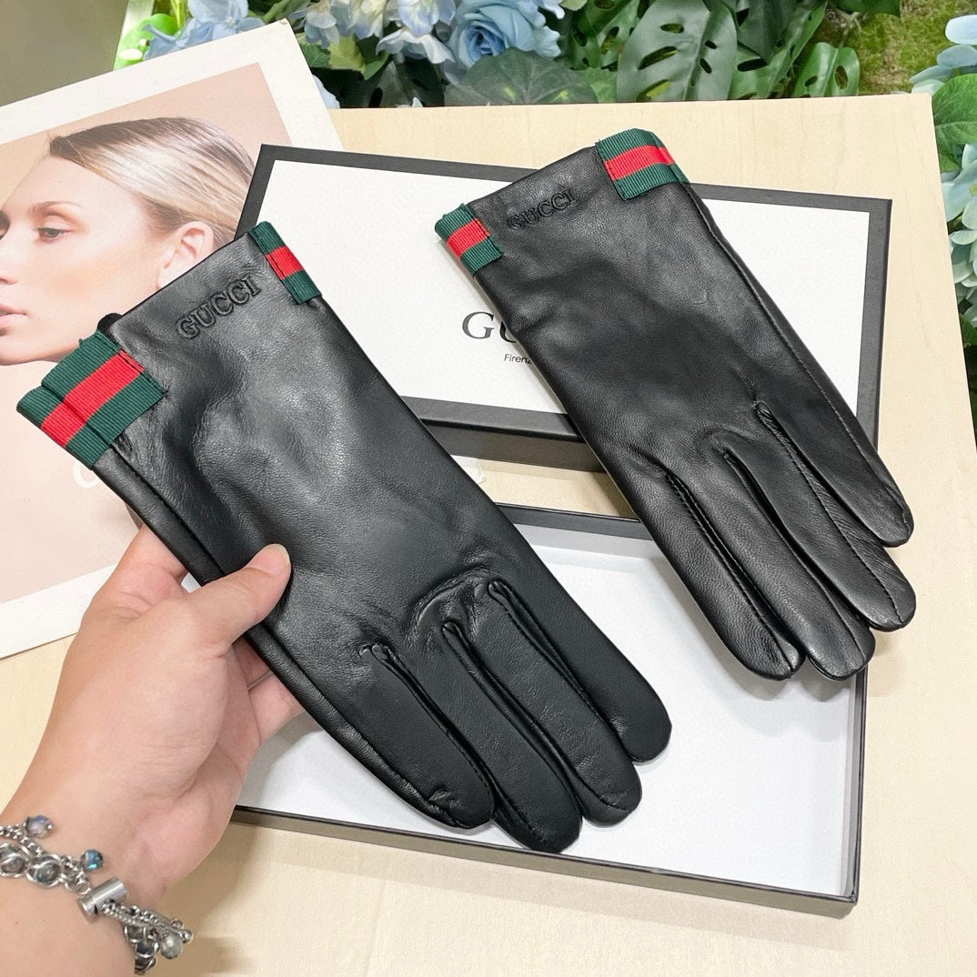 GUCCI TOUCHSCREEN GLOVES WITH WEB IN BLACK SHEEPSKIN 464982