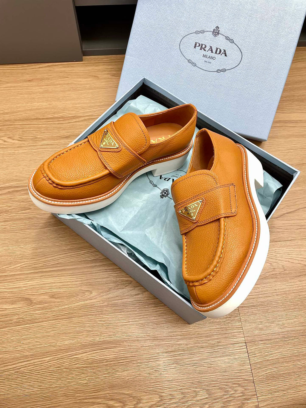PRADA CHOCOLATE LOAFERS BRONZE CALFSKIN