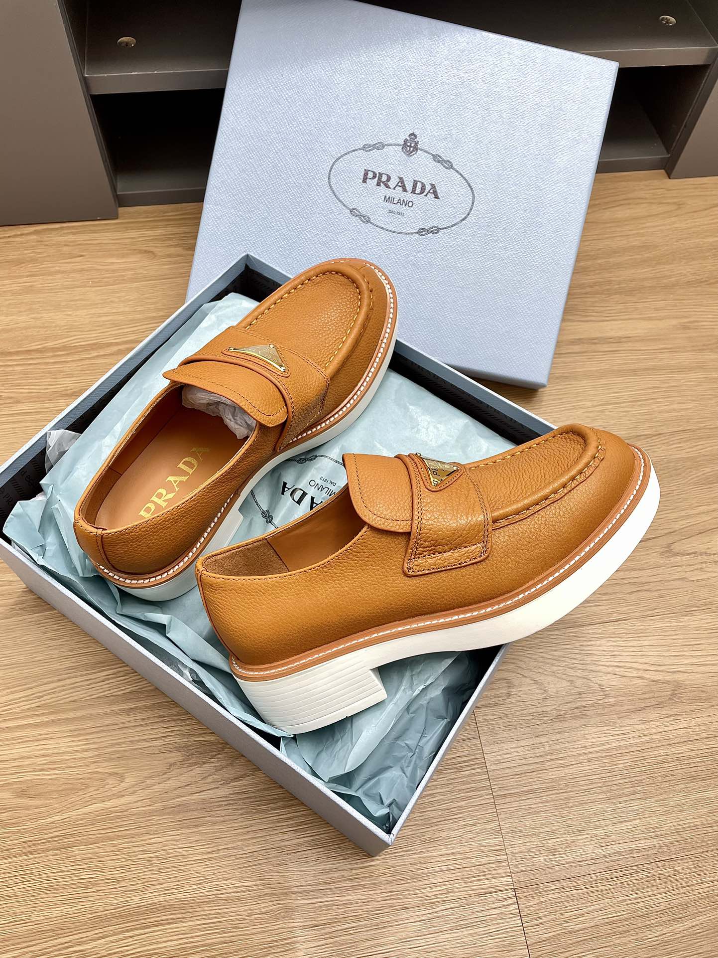 PRADA CHOCOLATE LOAFERS BRONZE CALFSKIN