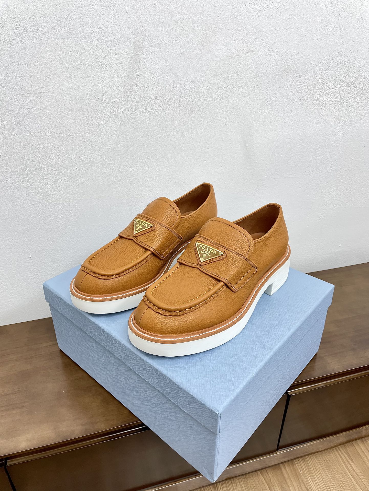 PRADA CHOCOLATE LOAFERS BRONZE CALFSKIN