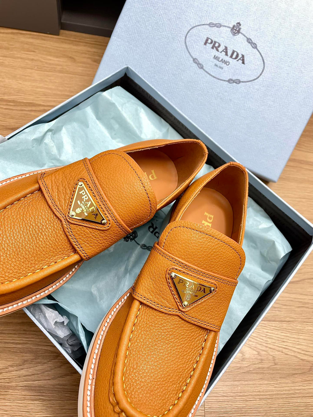 PRADA CHOCOLATE LOAFERS BRONZE CALFSKIN