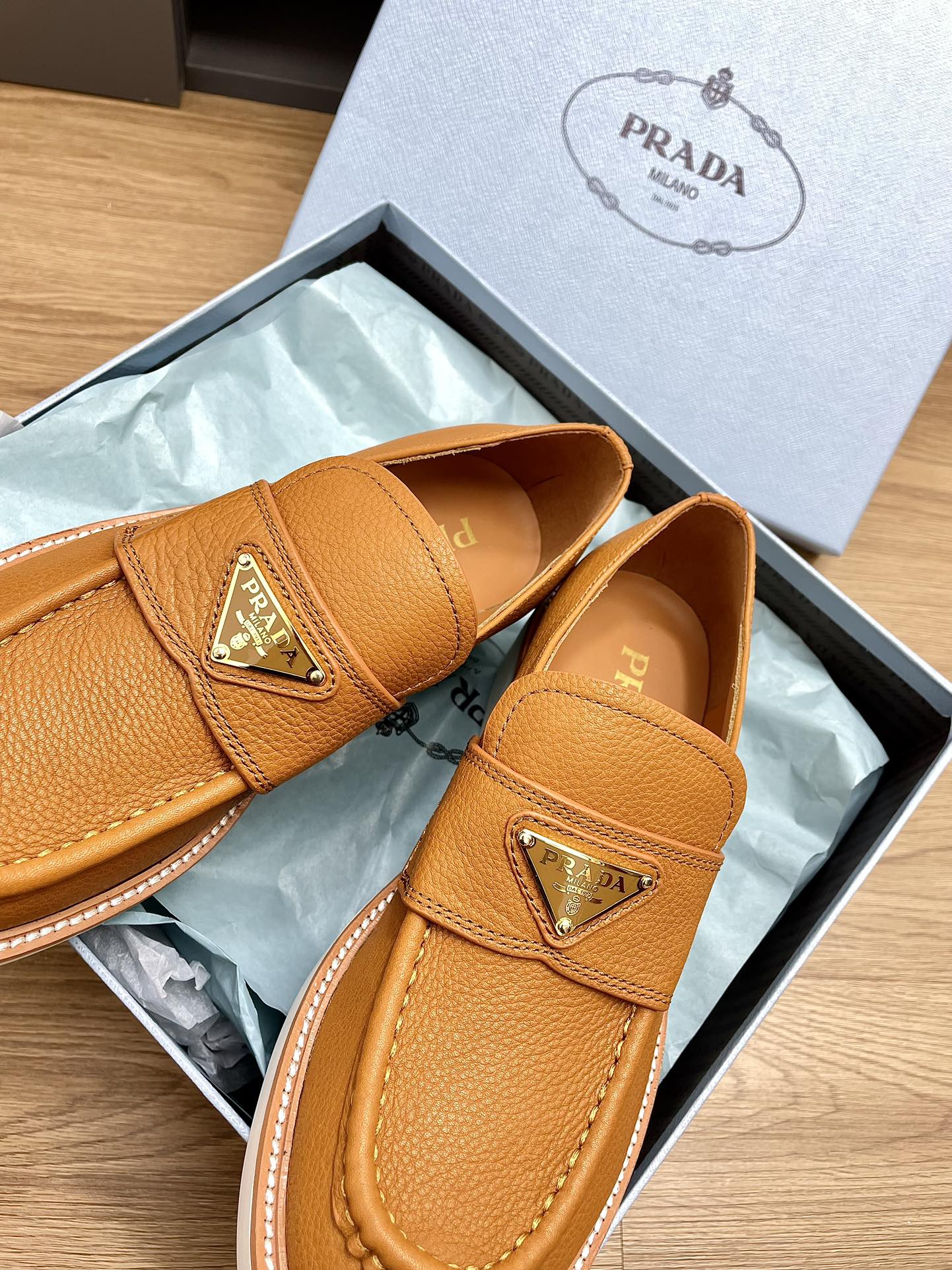 PRADA CHOCOLATE LOAFERS BRONZE CALFSKIN