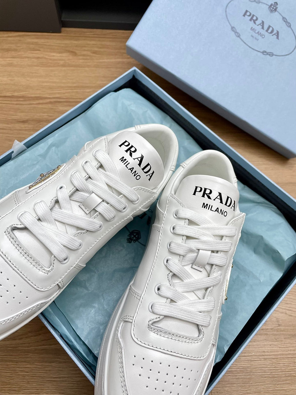PRADA DOWNTOWN BOLD SNEAKERS WHITE CALFSKIN