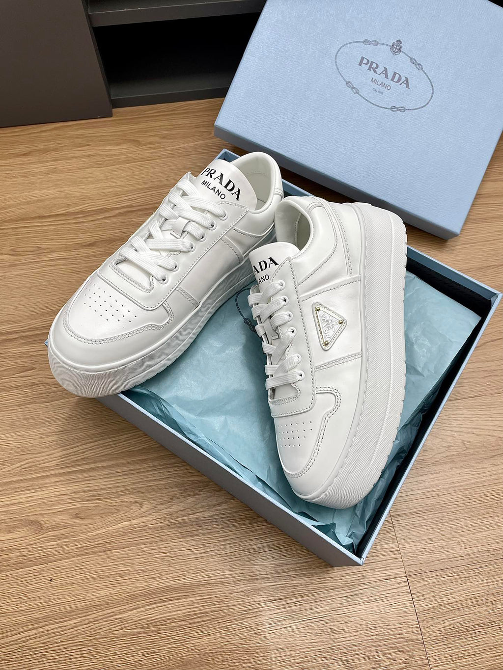 PRADA DOWNTOWN BOLD SNEAKERS WHITE CALFSKIN