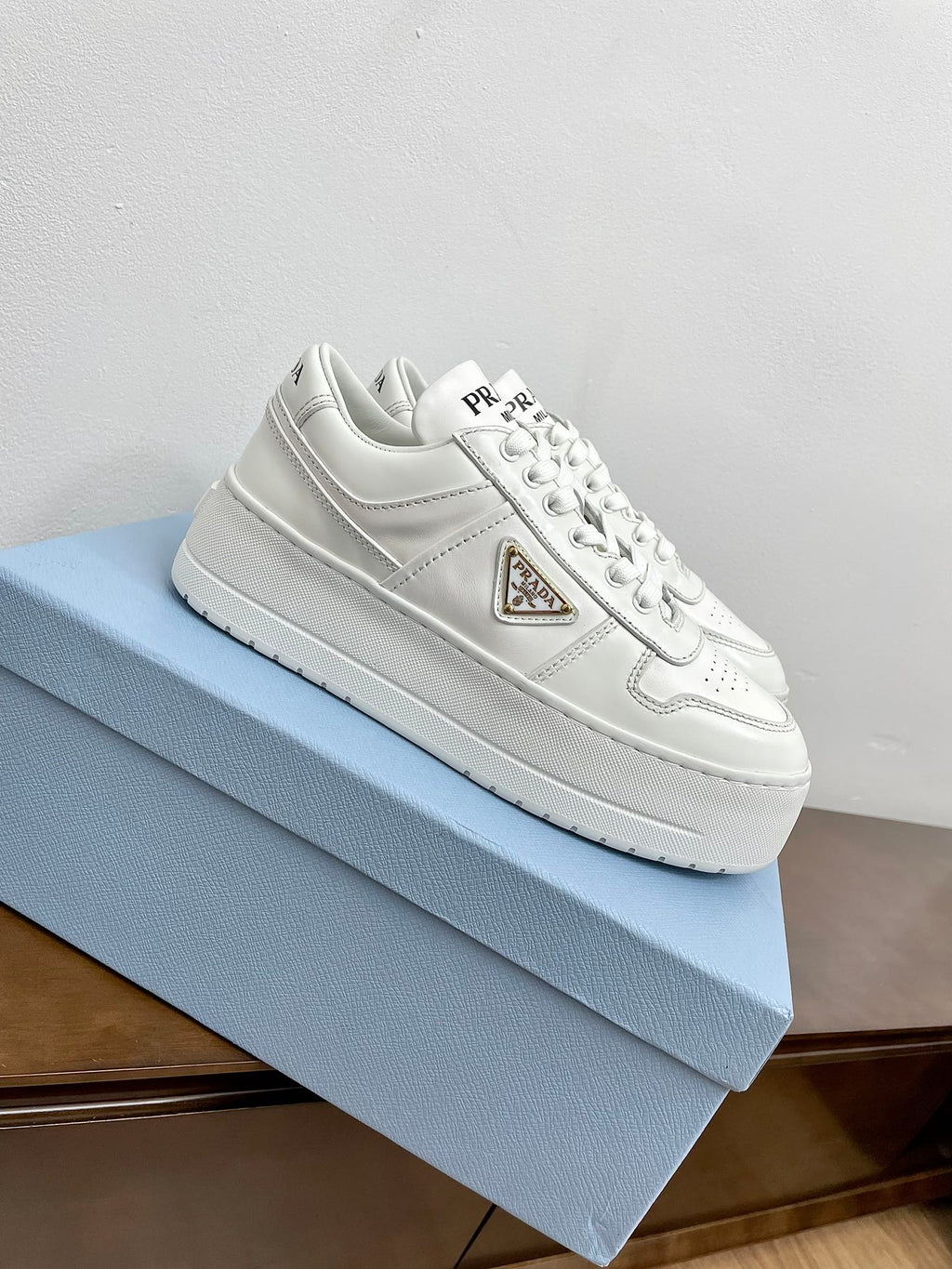 PRADA DOWNTOWN BOLD SNEAKERS WHITE CALFSKIN
