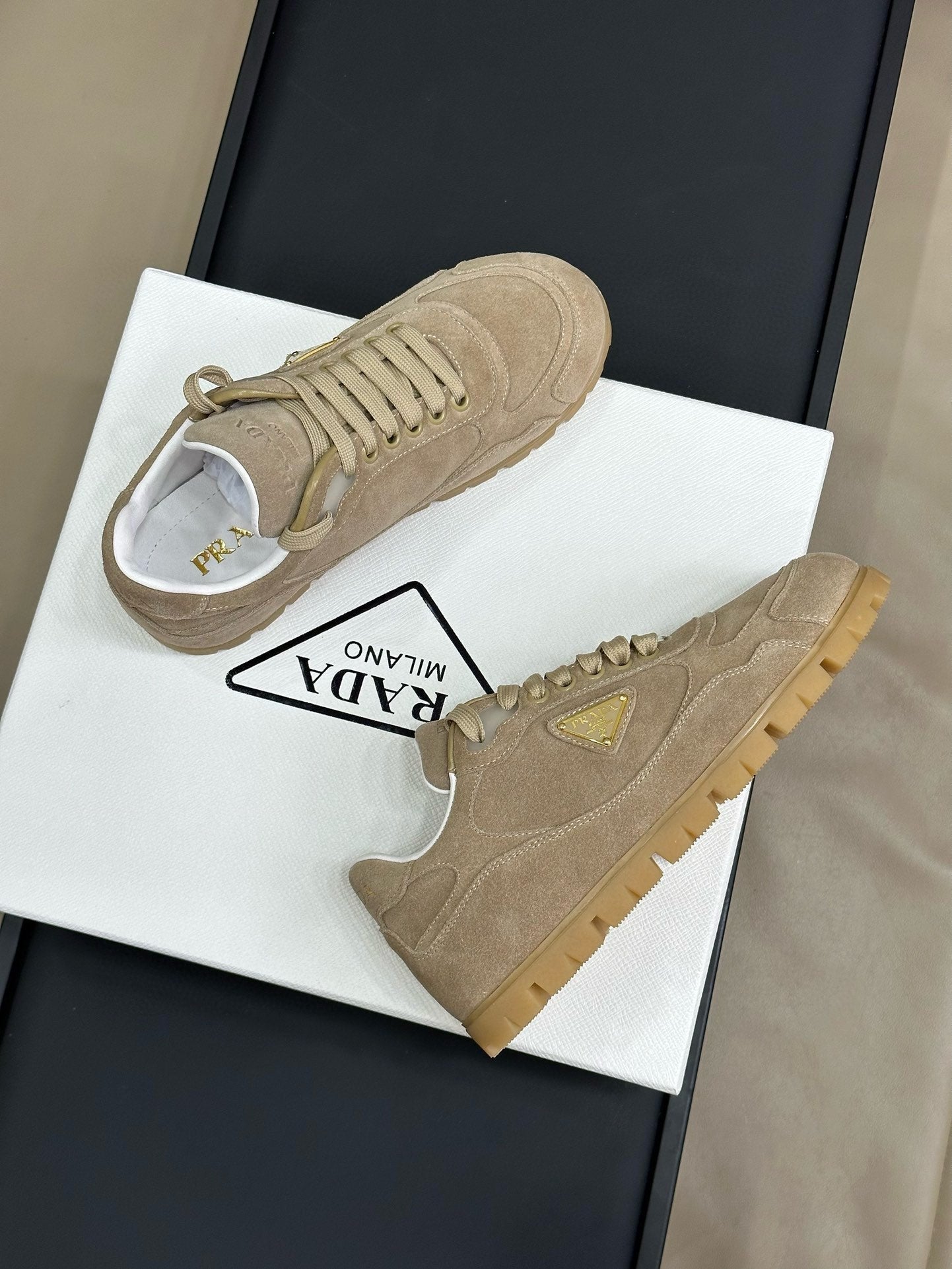 PRADA TRAIL FADED SUEDE SNEAKERS TORTILLA