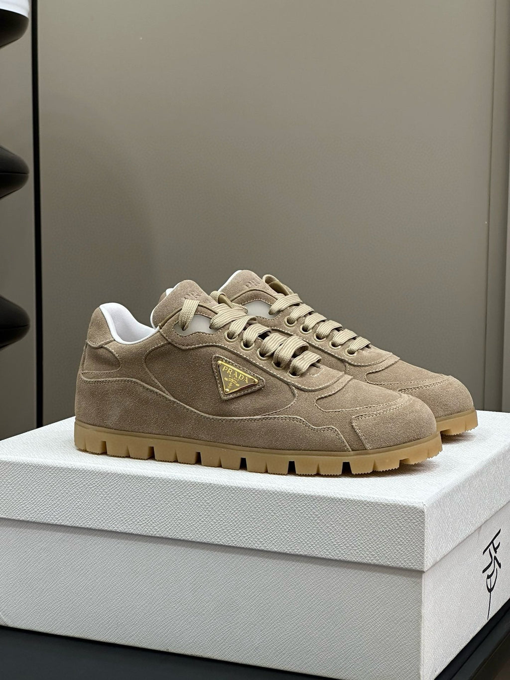 PRADA TRAIL FADED SUEDE SNEAKERS TORTILLA