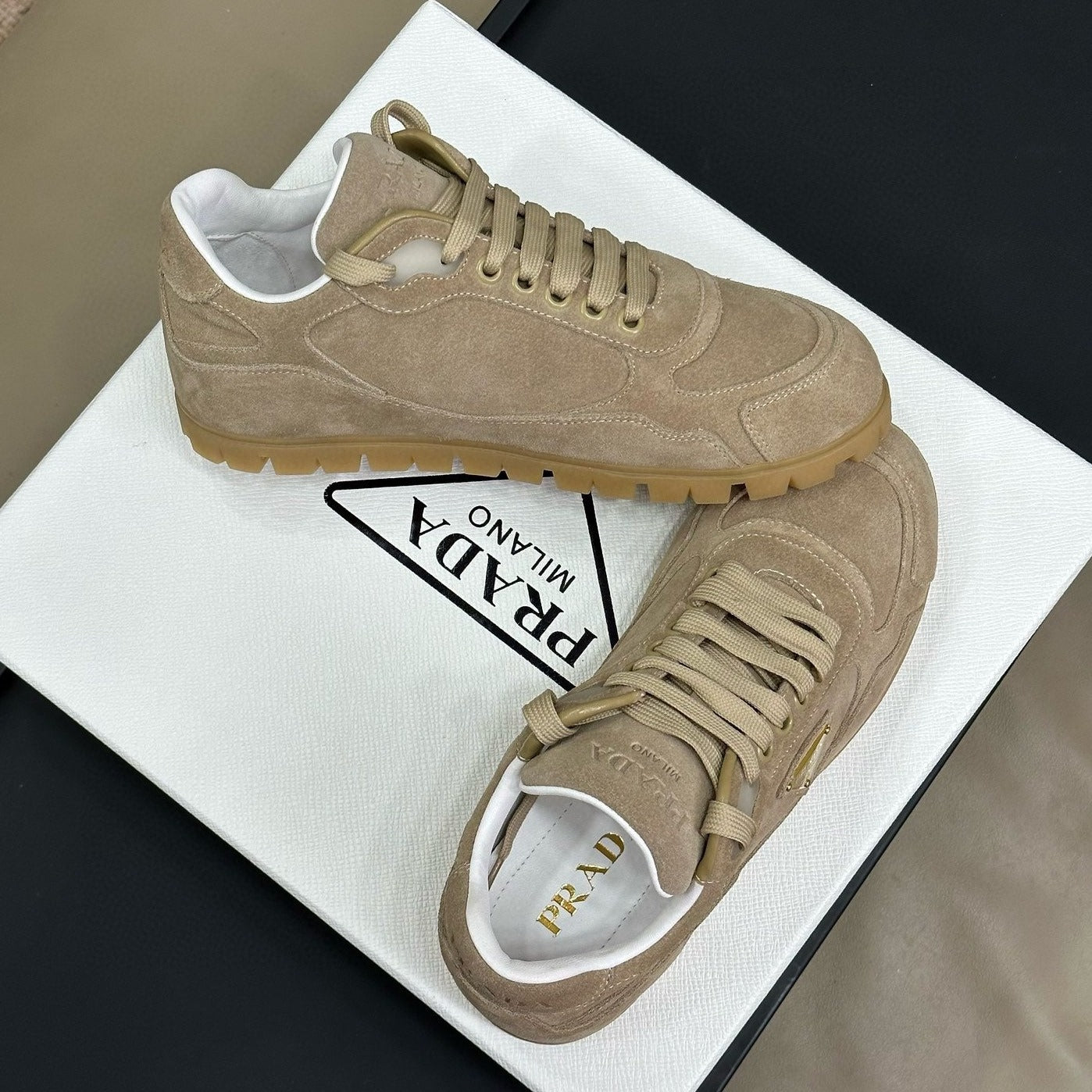 PRADA TRAIL FADED SUEDE SNEAKERS TORTILLA