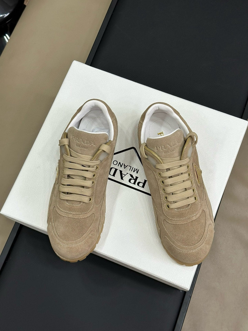 PRADA TRAIL FADED SUEDE SNEAKERS TORTILLA