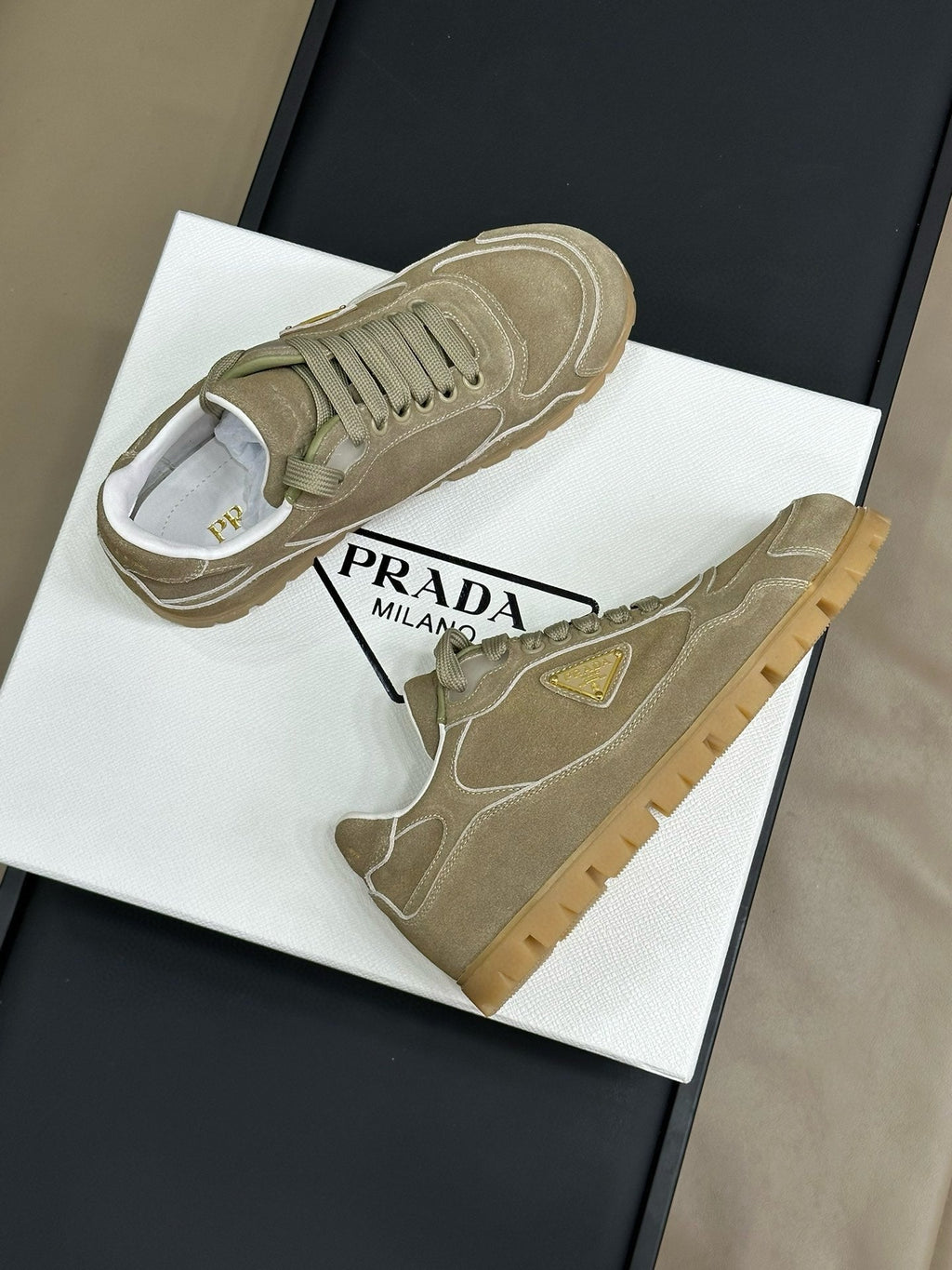 PRADA TRAIL FADED SUEDE SNEAKERS LIGHT BROWN