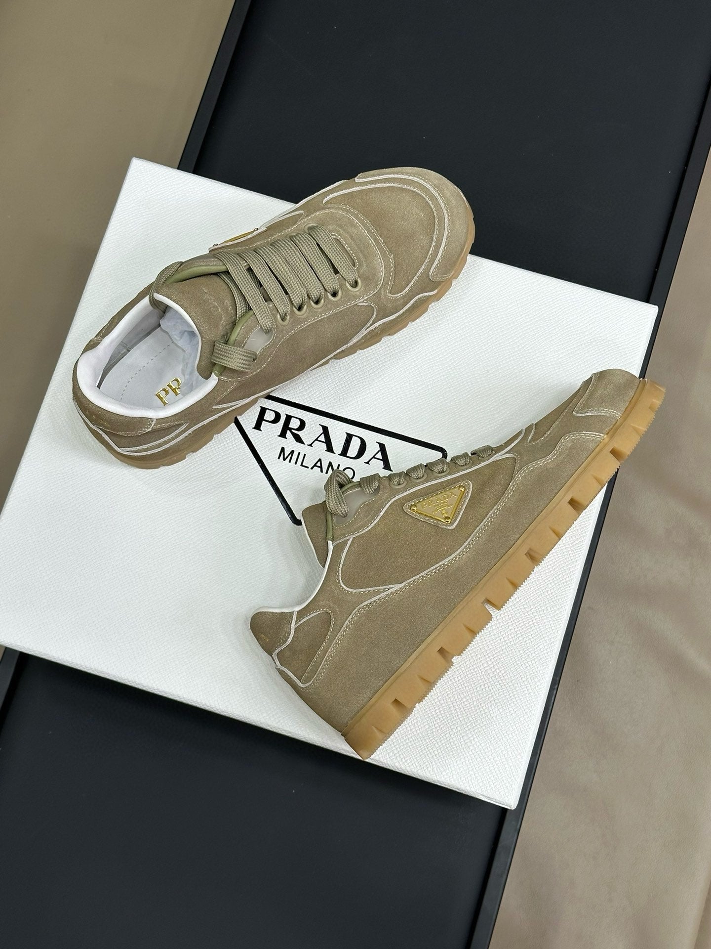 PRADA TRAIL FADED SUEDE SNEAKERS LIGHT BROWN