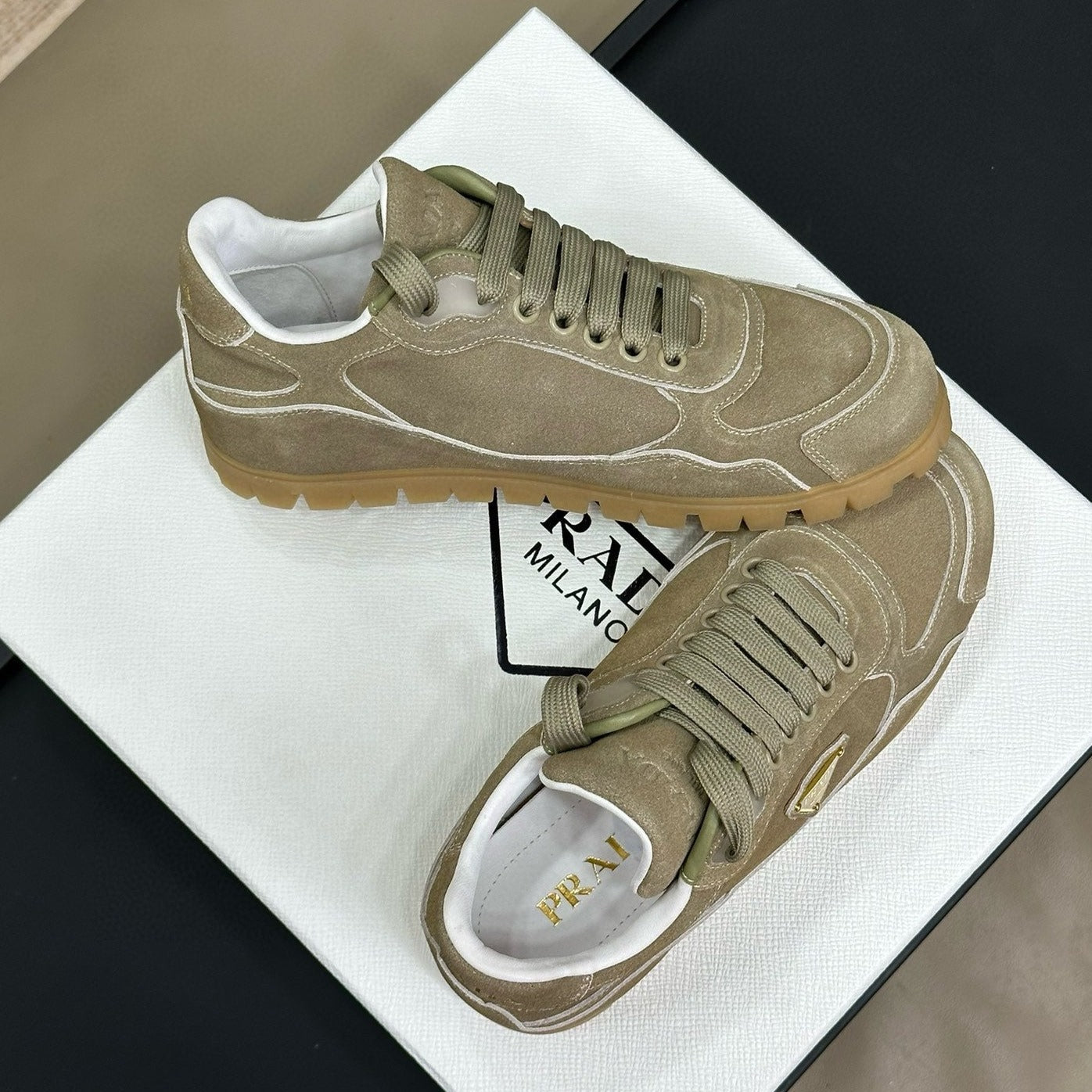 PRADA TRAIL FADED SUEDE SNEAKERS LIGHT BROWN