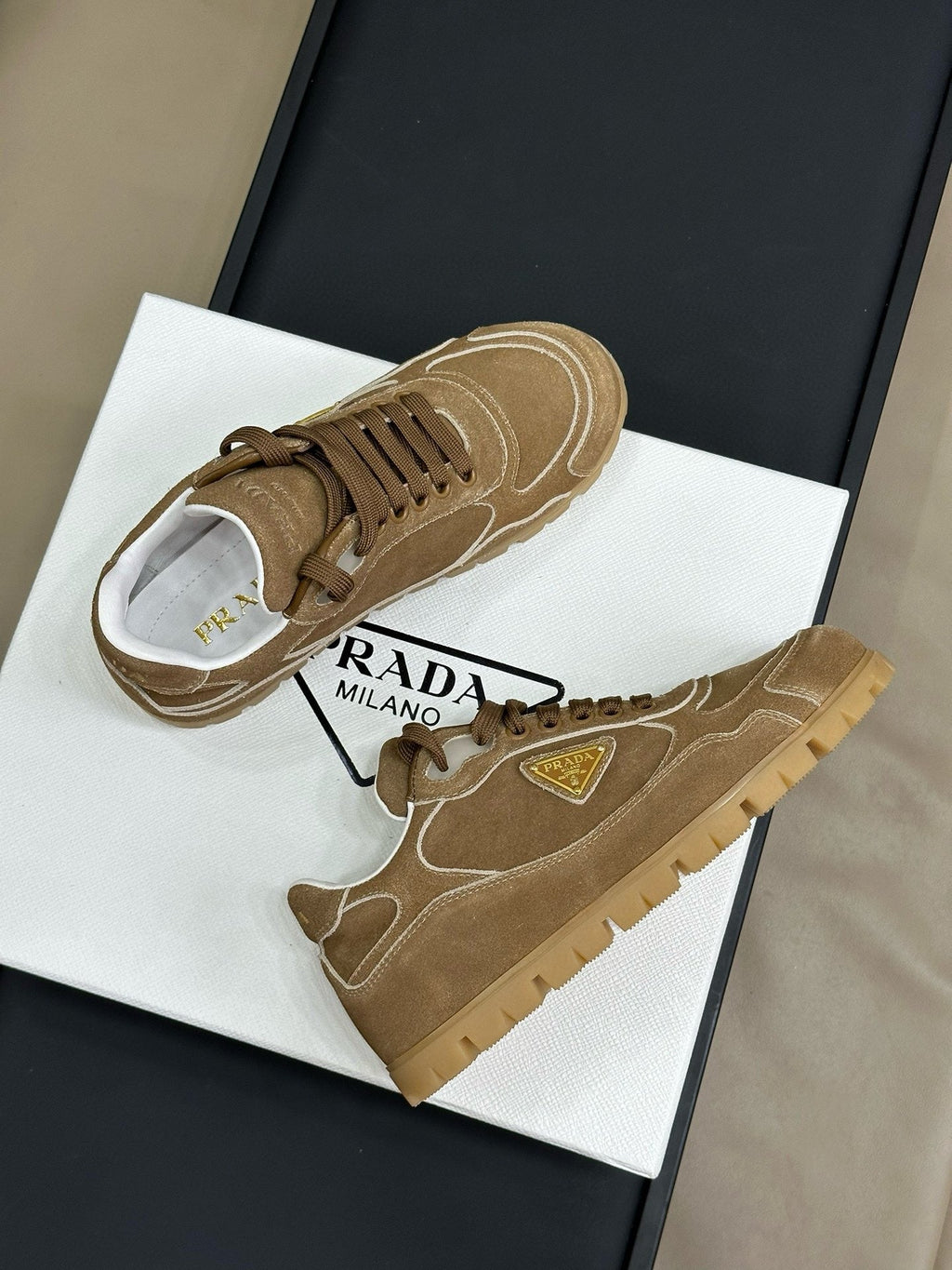PRADA TRAIL FADED SUEDE SNEAKERS CINNAMON