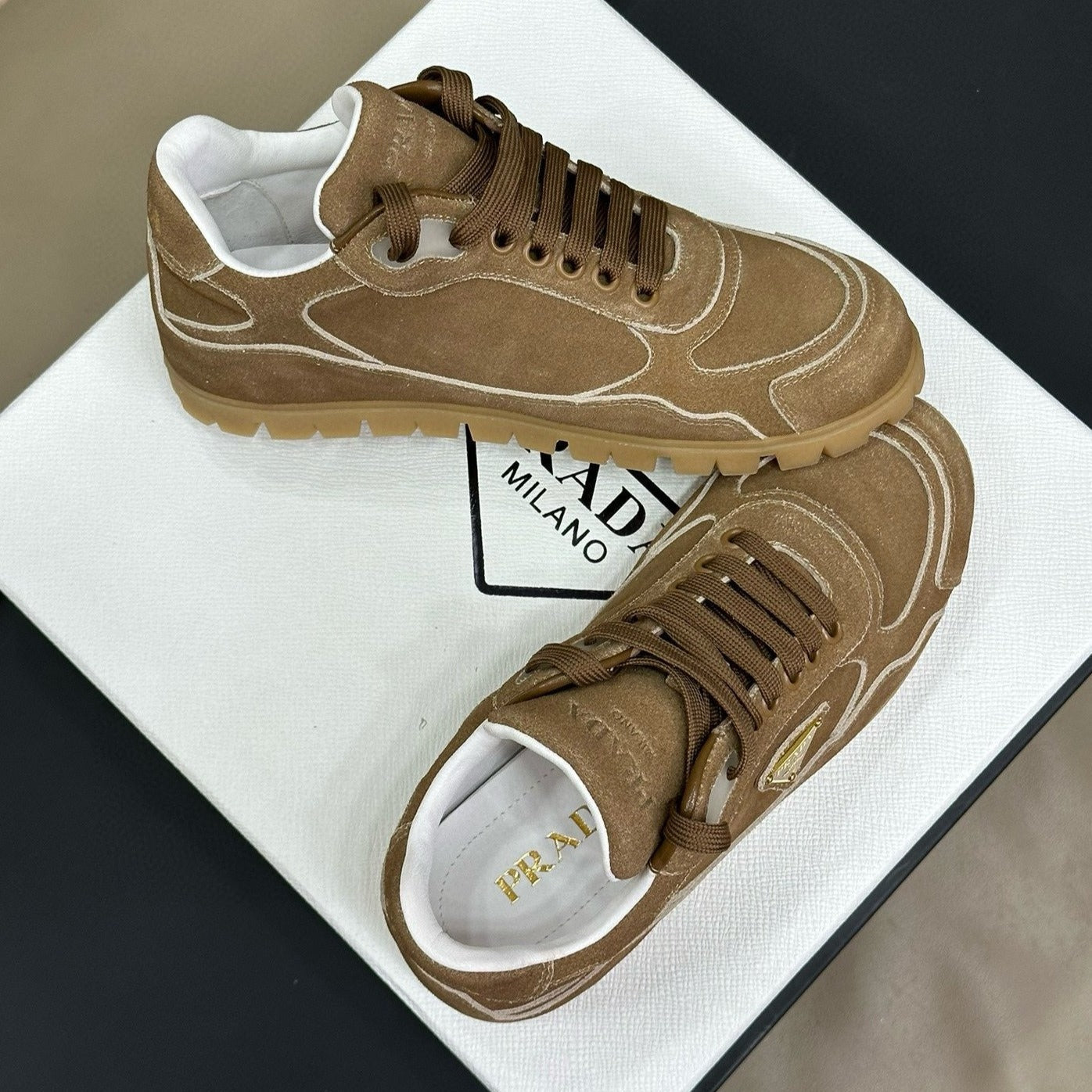 PRADA TRAIL FADED SUEDE SNEAKERS CINNAMON