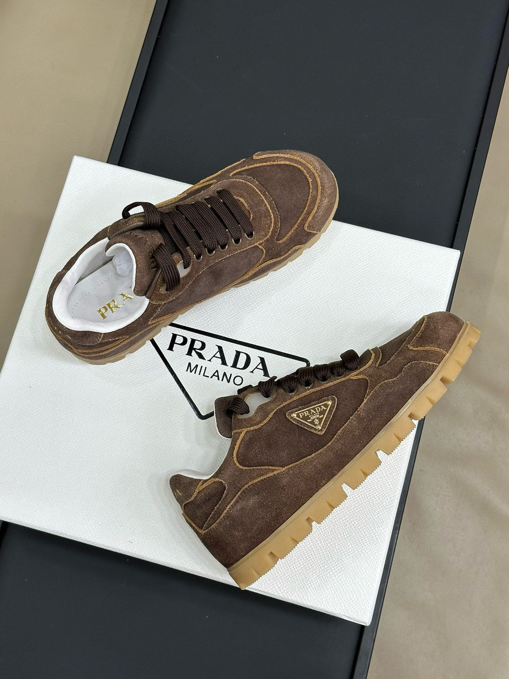 PRADA TRAIL FADED SUEDE SNEAKERS BROWN