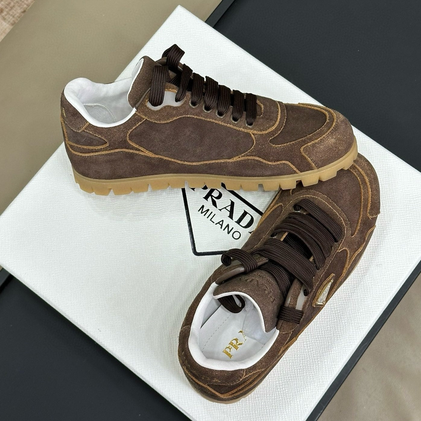 PRADA TRAIL FADED SUEDE SNEAKERS BROWN