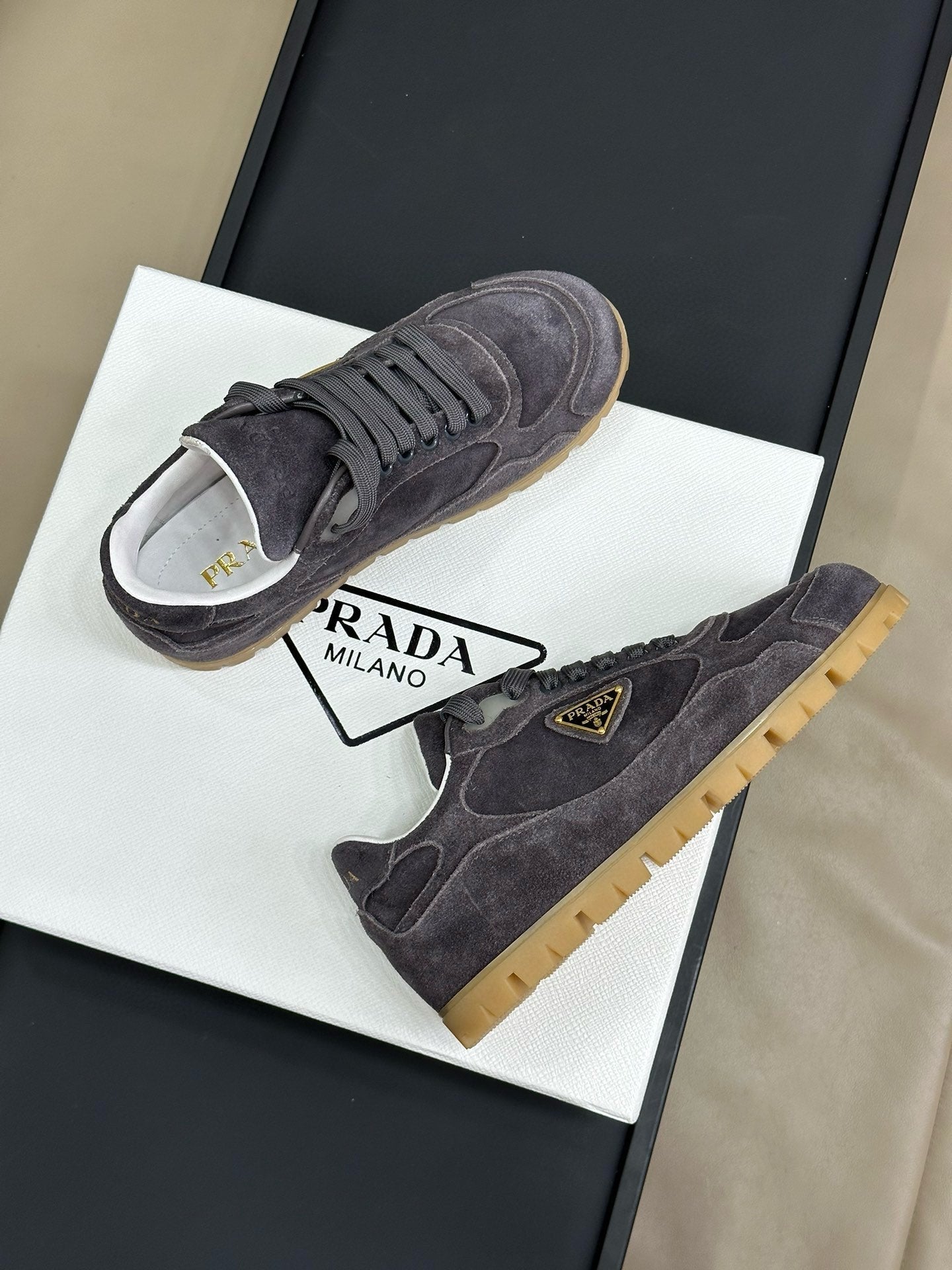 PRADA TRAIL FADED SUEDE SNEAKERS CHARCOAL