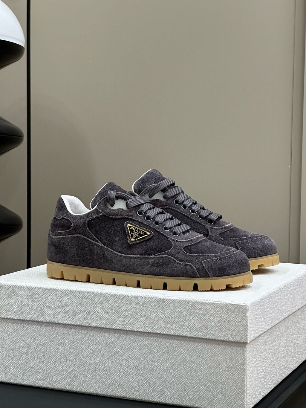 PRADA TRAIL FADED SUEDE SNEAKERS CHARCOAL