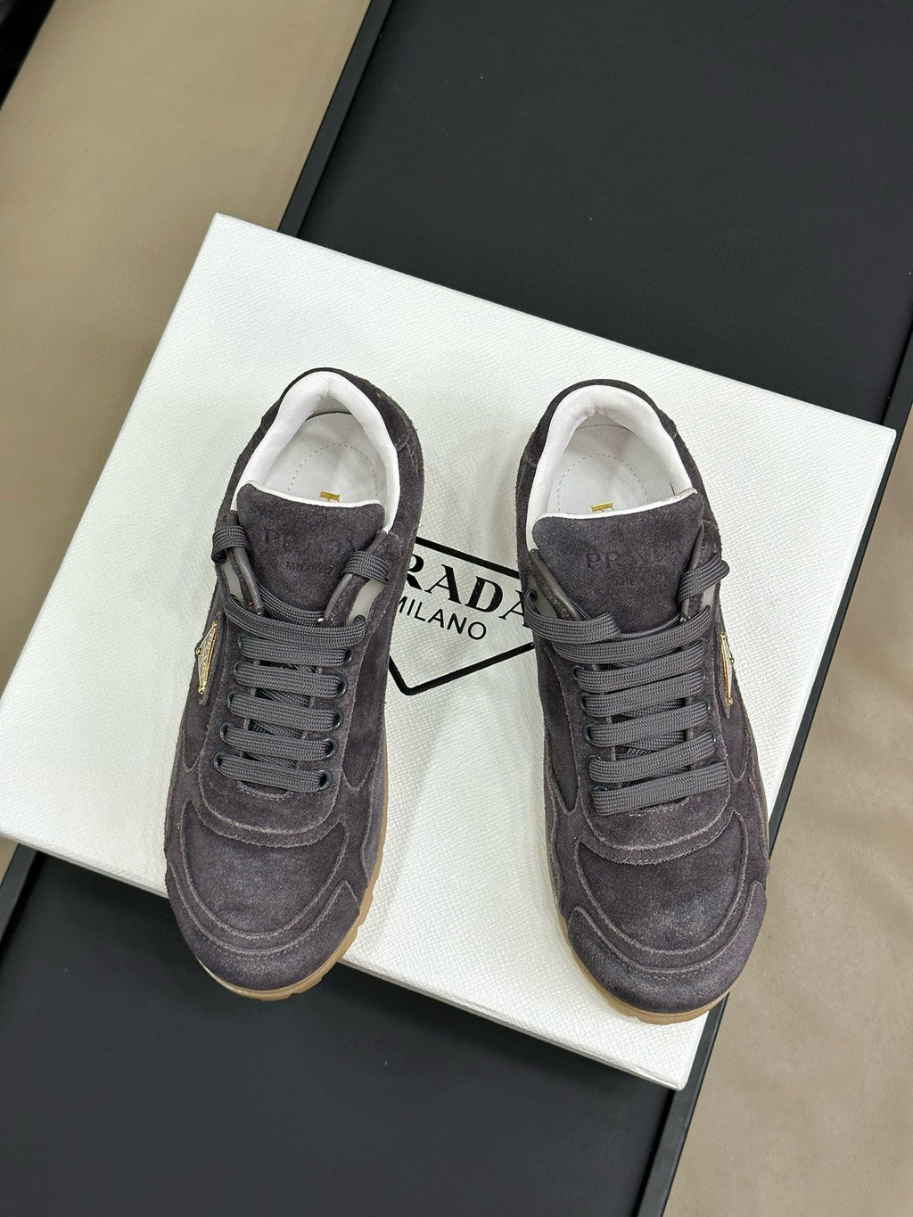 PRADA TRAIL FADED SUEDE SNEAKERS CHARCOAL