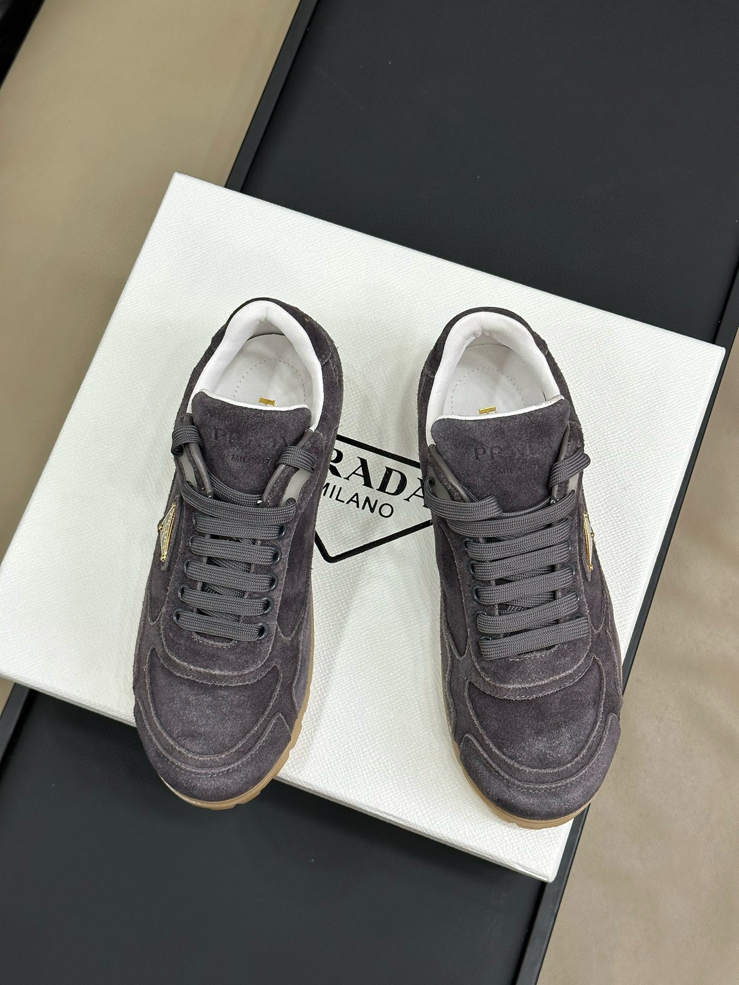 PRADA TRAIL FADED SUEDE SNEAKERS CHARCOAL