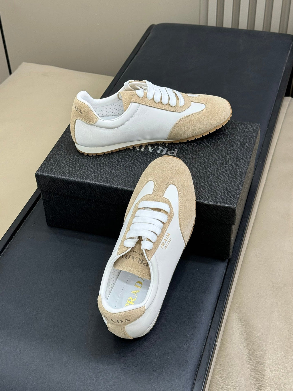 PRADA 25S SNEAKER IN WHITE MIX RK BEIGE SUEDE STYLE 2