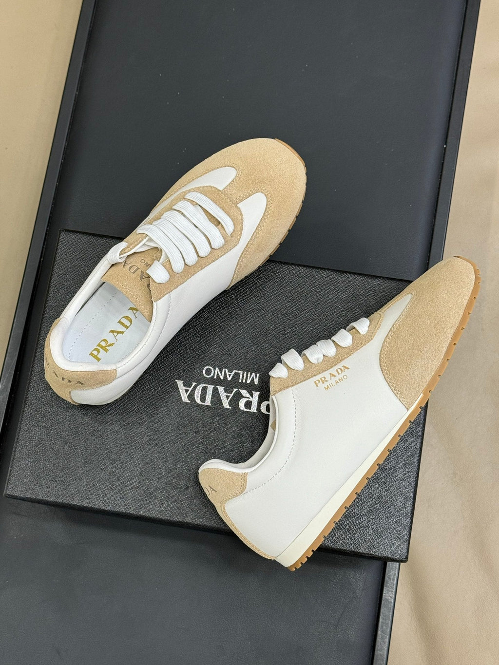 PRADA 25S SNEAKER IN WHITE MIX RK BEIGE SUEDE STYLE 2