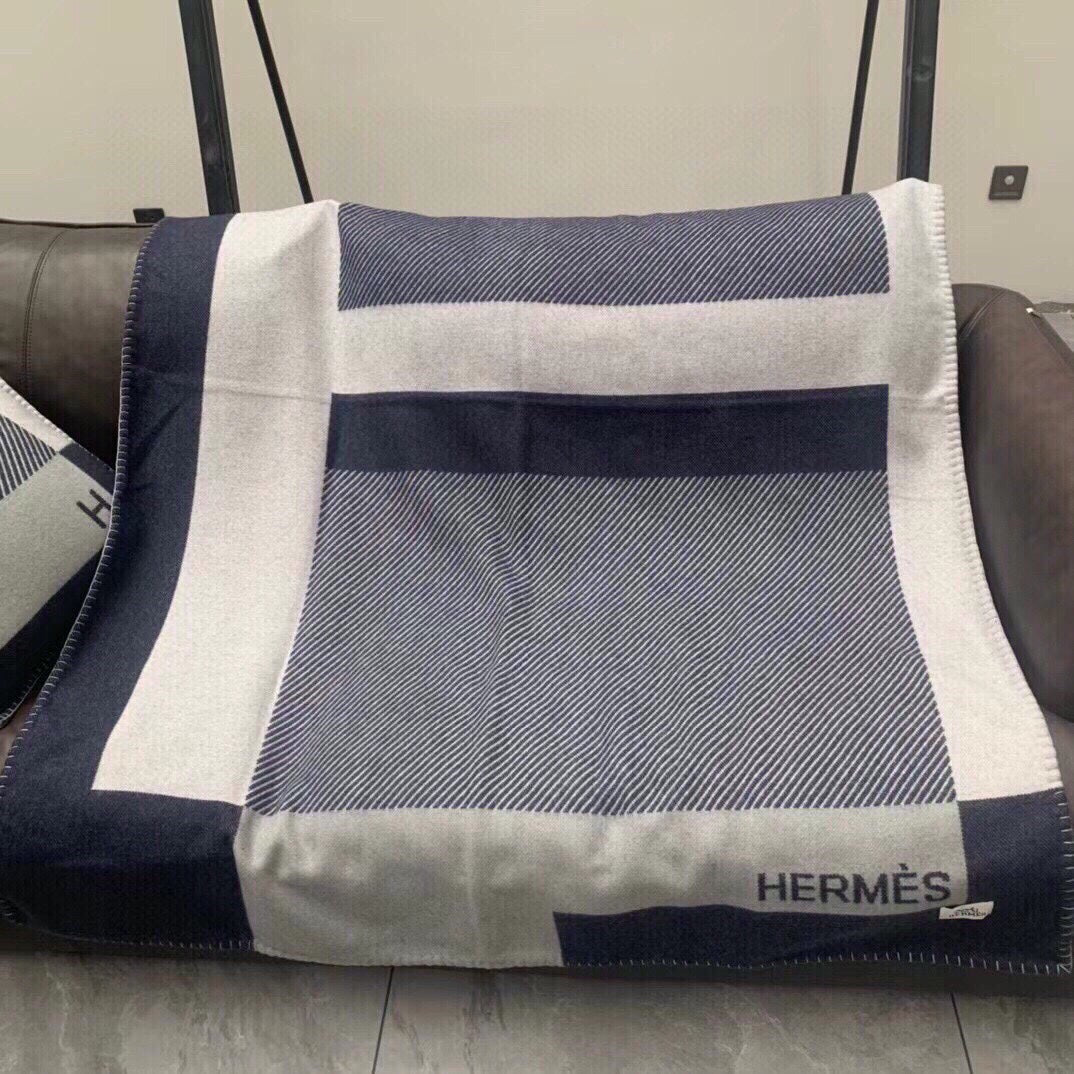 HERMES H RIVIERA BLANKET 200 CM IN NAVY BLUE WOOL AND CASERE 136856