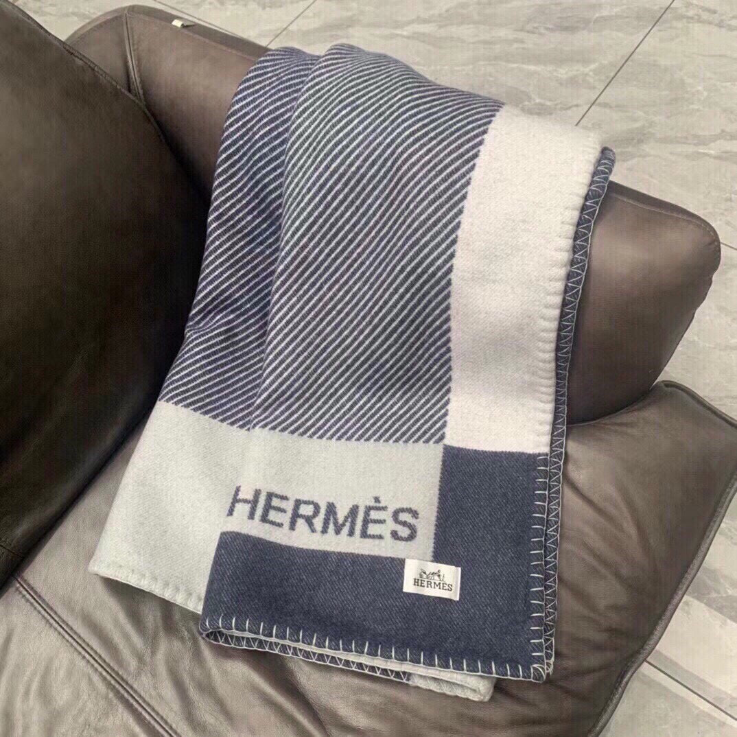 HERMES H RIVIERA BLANKET 200 CM IN NAVY BLUE WOOL AND CASERE 136856