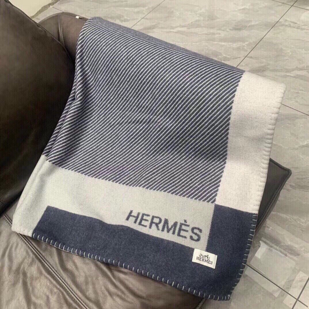 HERMES H RIVIERA BLANKET 200 CM IN NAVY BLUE WOOL AND CASERE 136856
