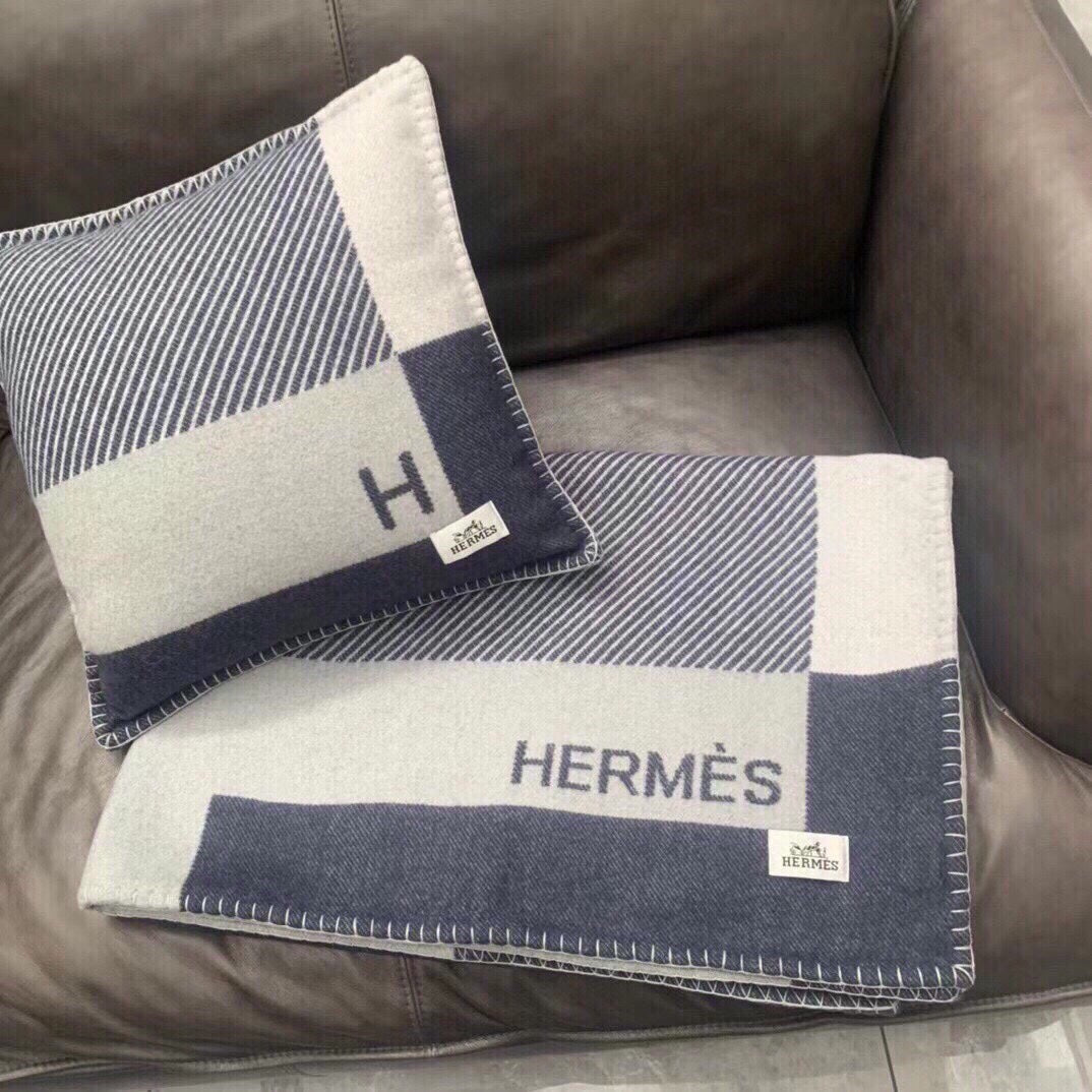 HERMES H RIVIERA BLANKET 200 CM IN NAVY BLUE WOOL AND CASERE 136856