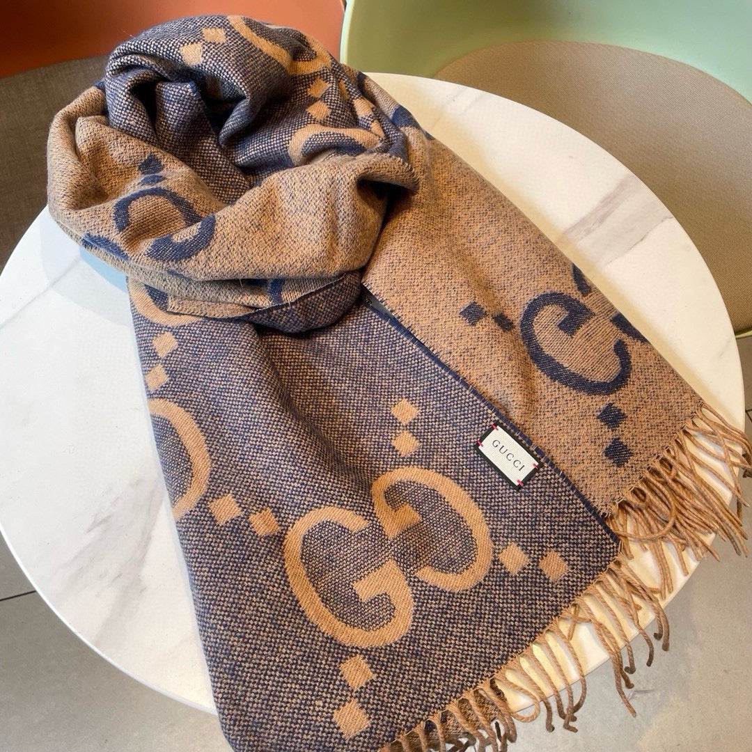 GUCCI JACQUARD PATTERN KNIT SCARF 195 CM WITH TASSELS PIGEON BLUE 403745