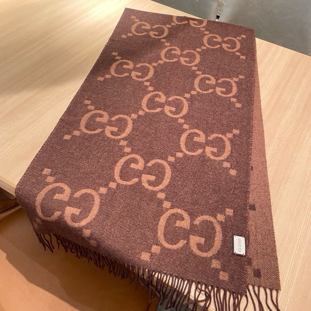 GUCCI JACQUARD PATTERN KNIT SCARF 195 CM WITH TASSELS CHESTNUT BROWN 403749