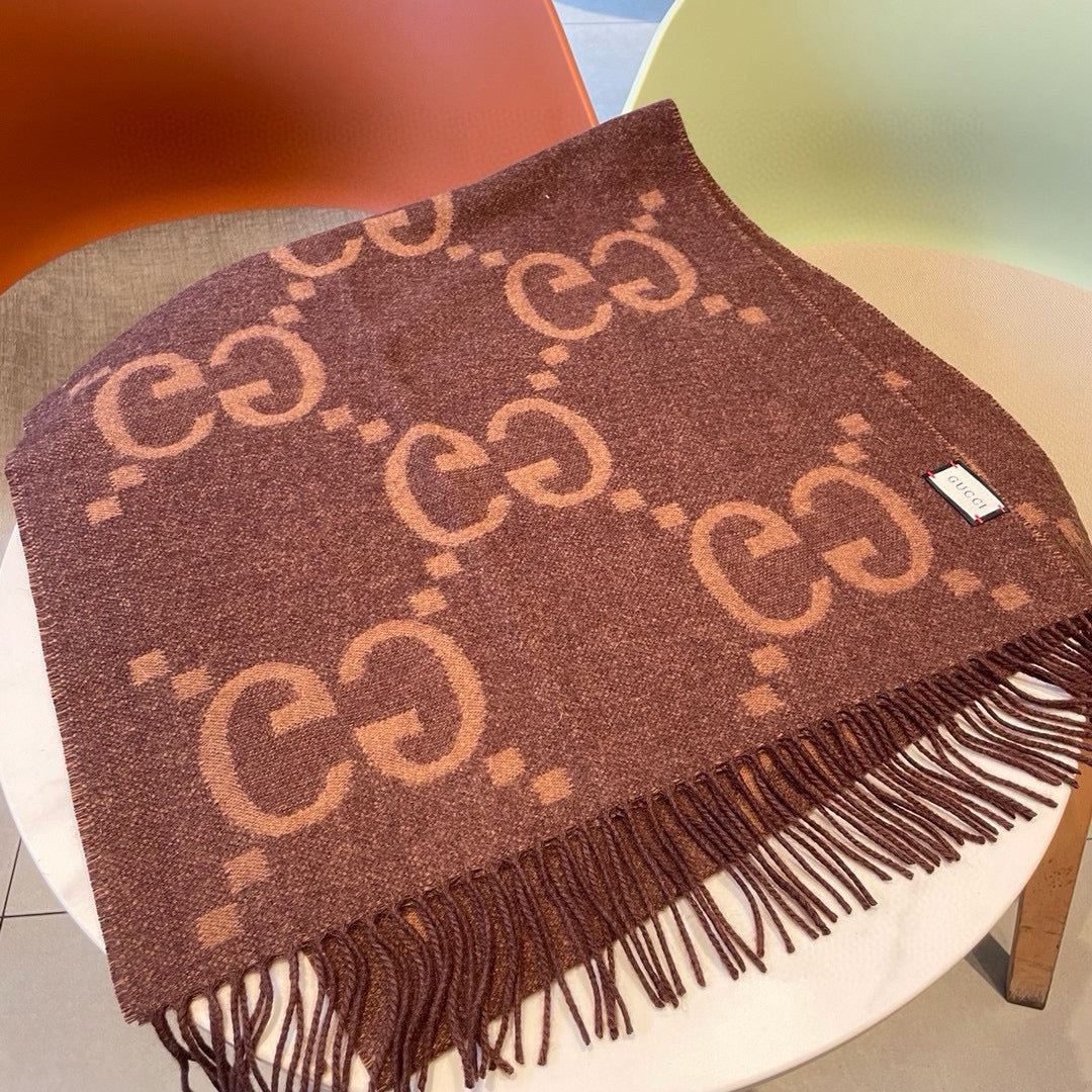 GUCCI JACQUARD PATTERN KNIT SCARF 195 CM WITH TASSELS CHESTNUT BROWN 403749