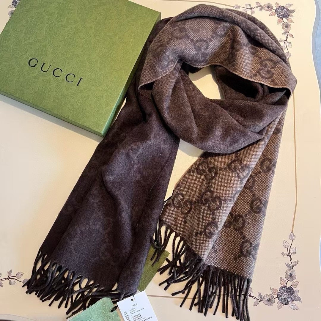 GUCCI SCARF 200 CM CHOCOLATE BROWN CASHMERE JACQUARD 405133