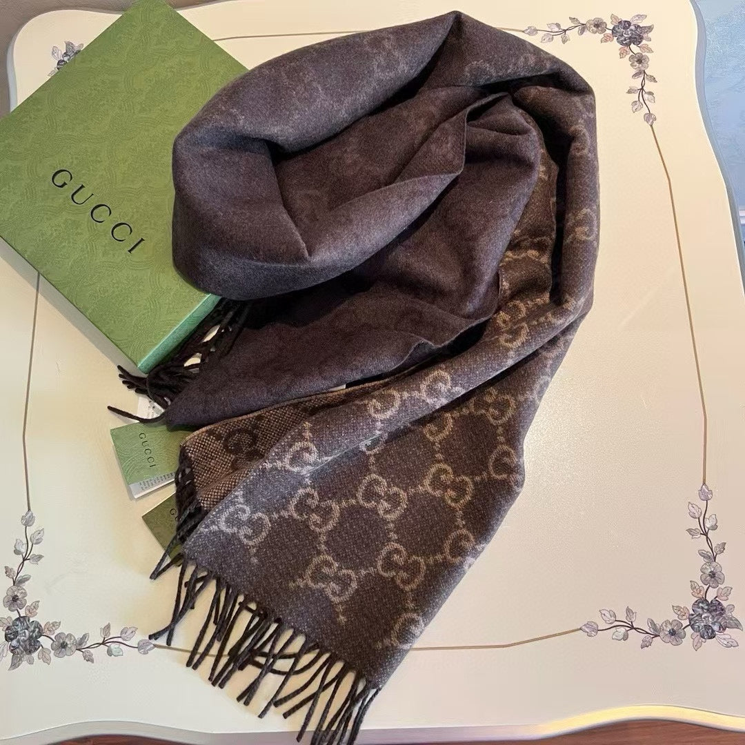 GUCCI SCARF 200 CM CHOCOLATE BROWN CASHMERE JACQUARD 405133