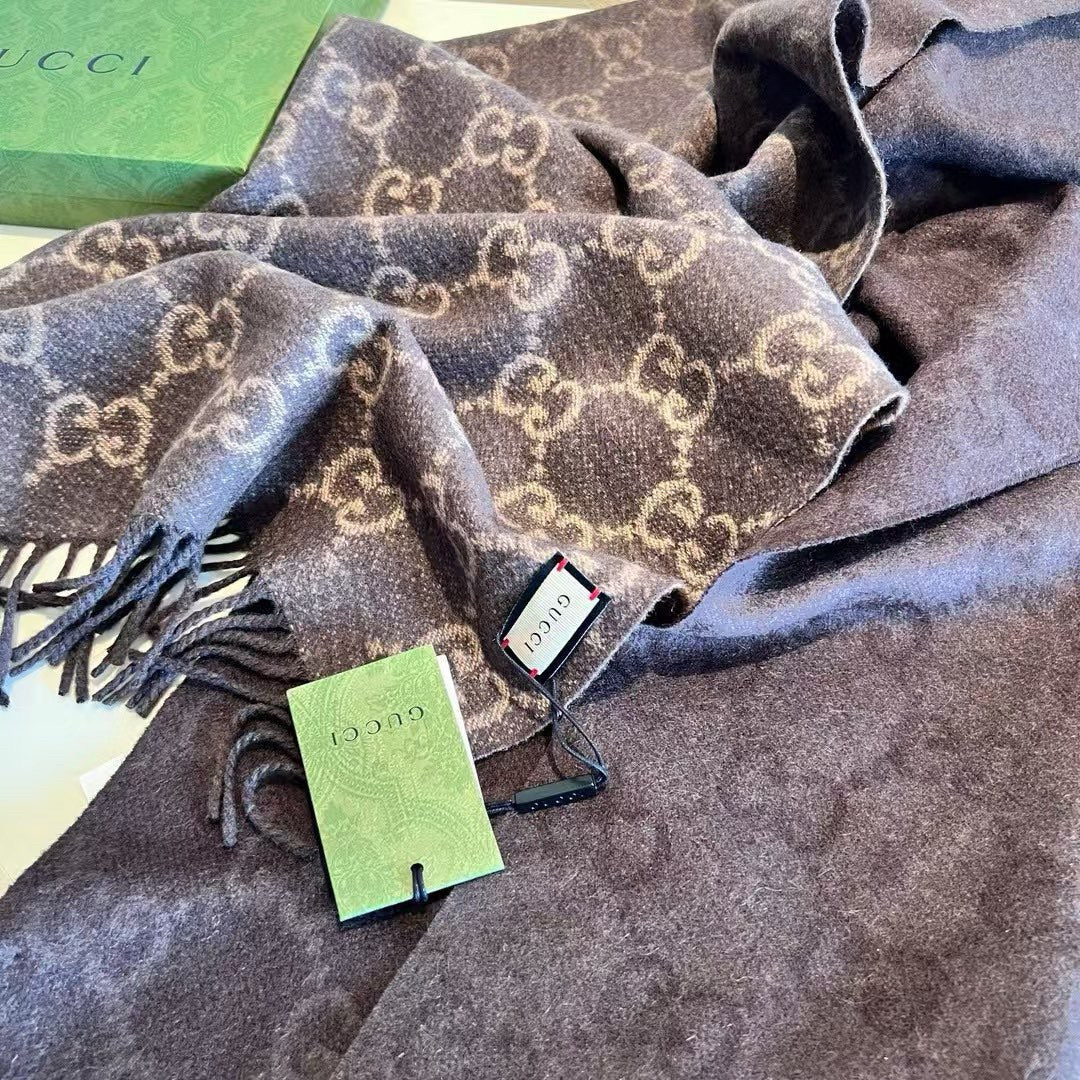 GUCCI SCARF 200 CM CHOCOLATE BROWN CASHMERE JACQUARD 405133