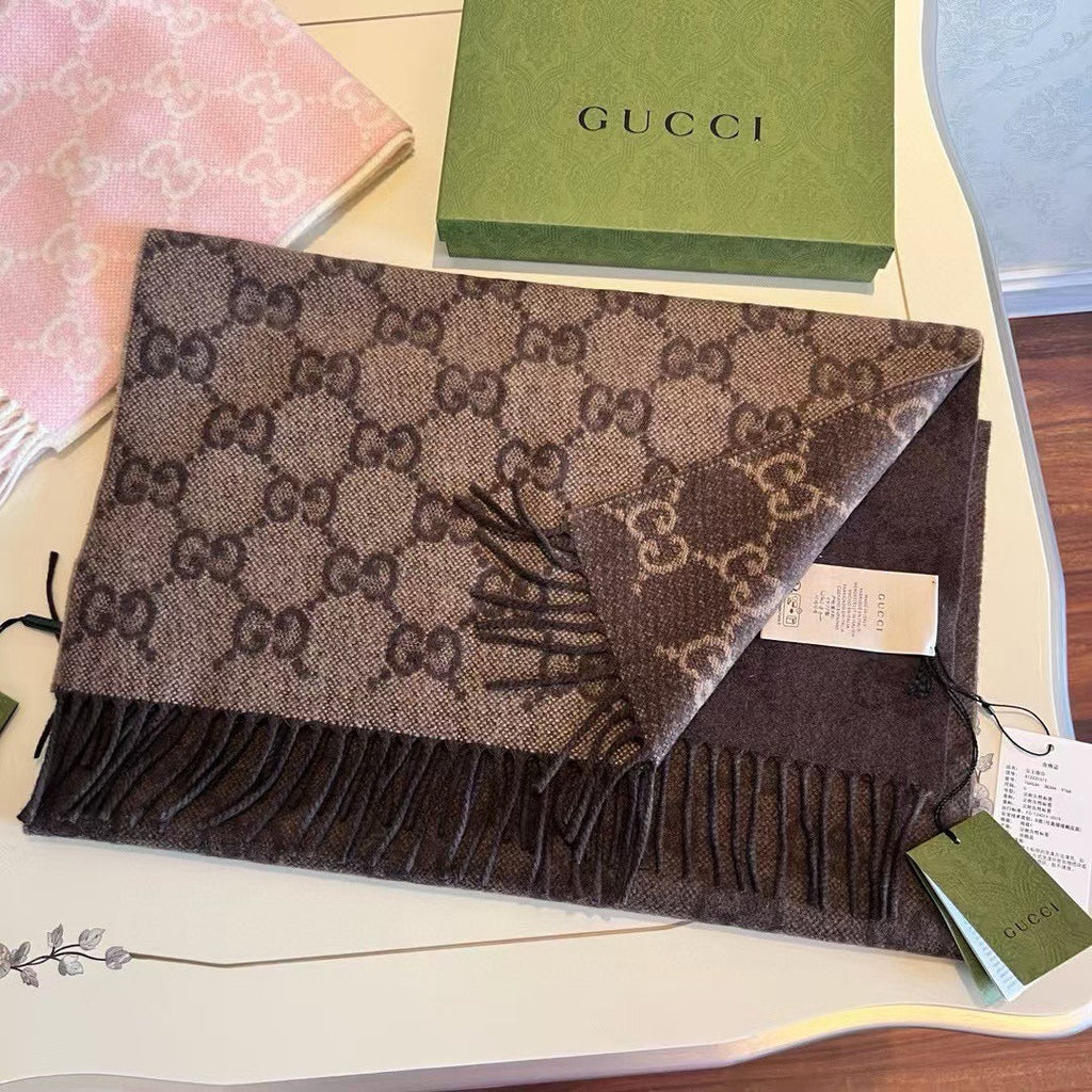 GUCCI SCARF 200 CM CHOCOLATE BROWN CASHMERE JACQUARD 405133
