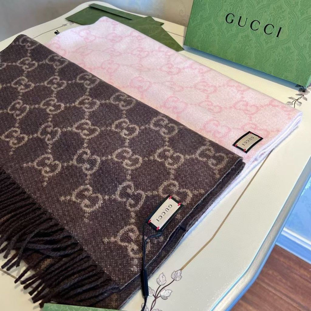 GUCCI SCARF 200 CM CHOCOLATE BROWN CASHMERE JACQUARD 405133