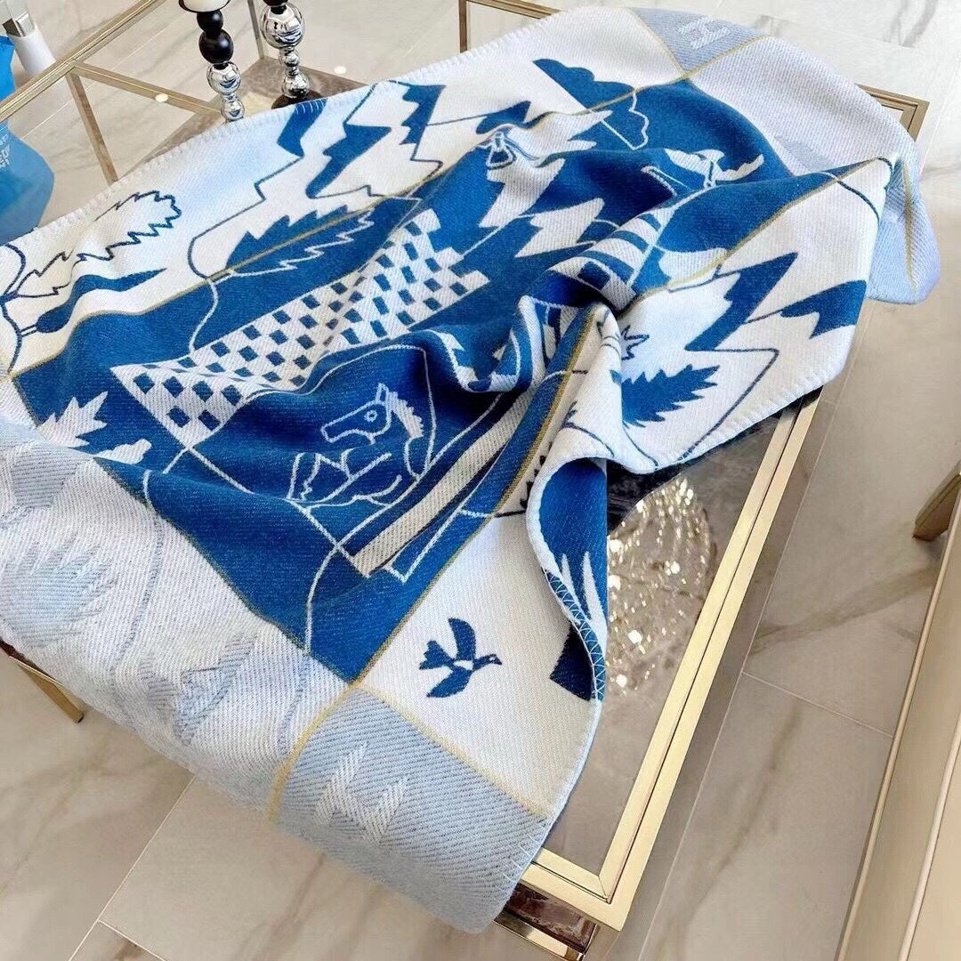 HERMES AVALON EPOPEE BLANKET 140 CM IN COBALT BLUE WOOL AND CASERE 415188