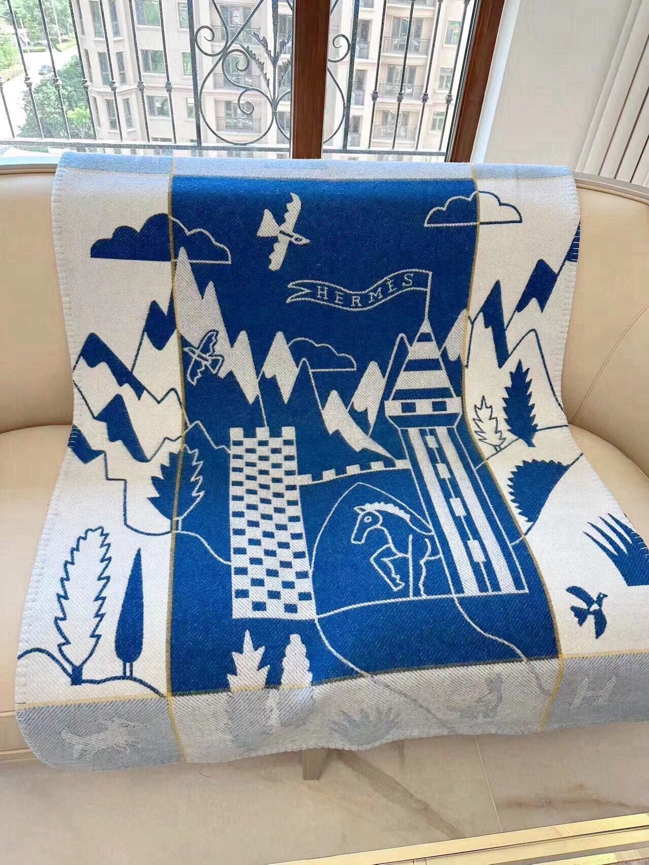 HERMES AVALON EPOPEE BLANKET 140 CM IN COBALT BLUE WOOL AND CASERE 415188